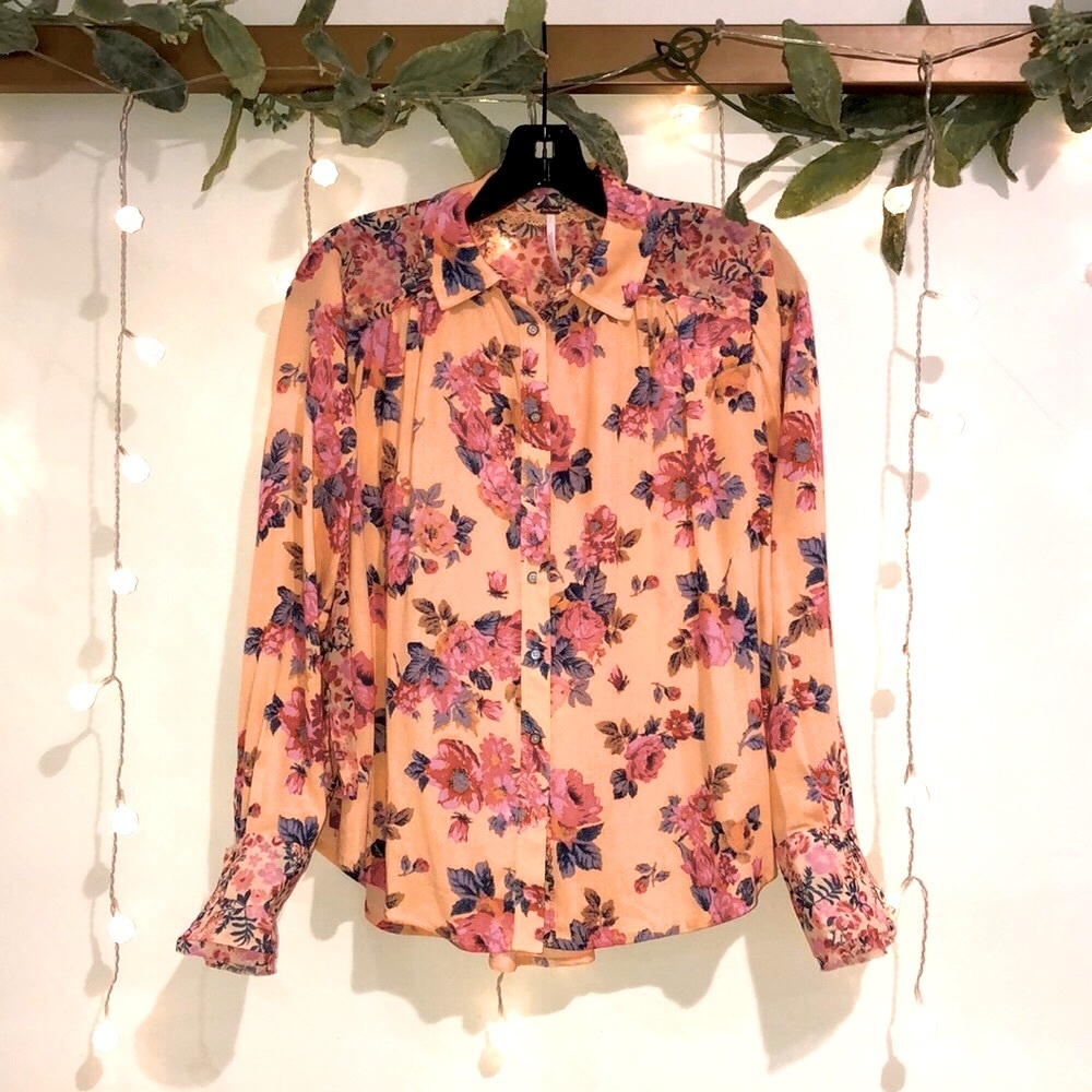 Free People Hold On To Me Button Down Shirt Coral Combo - Picture 13 of 15